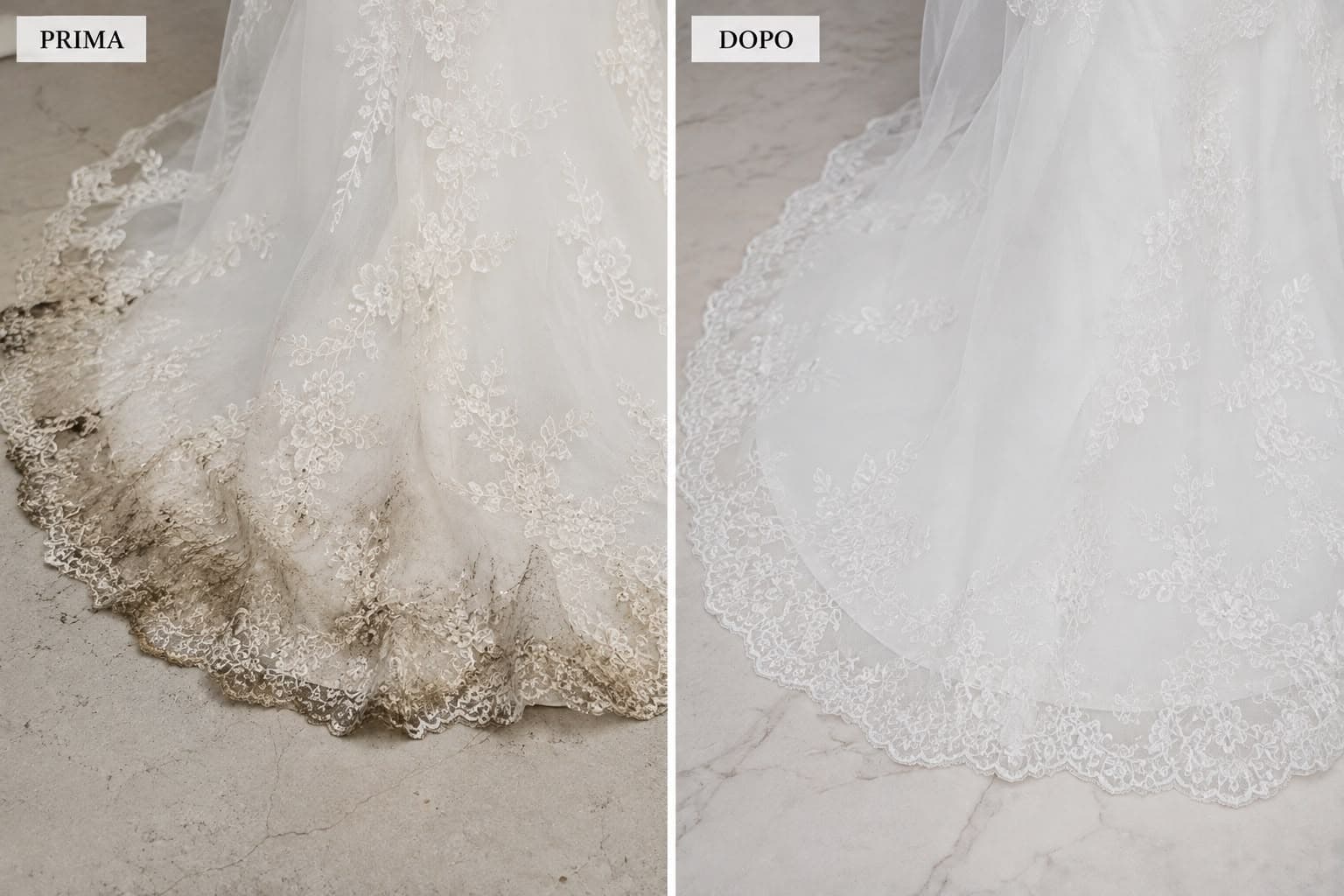 Strascico di un abito da sposa in pizzo con l'orlo sporco di terra e, dopo il lavaggio, di nuovo bianco