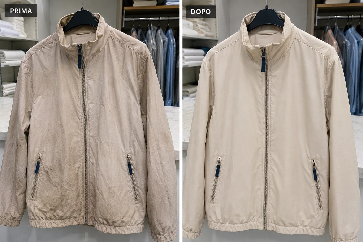 Giacca beige prima del lavaggio, macchiata e spiegazzata, e dopo il lavaggio, pulita e stirata