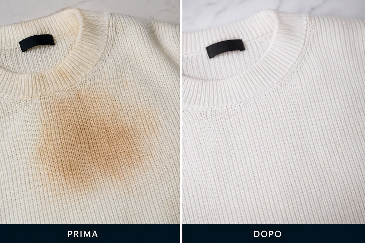 Maglione bianco panna con una grande macchia marrone sul petto e, dopo il trattamento, senza alcuna traccia
